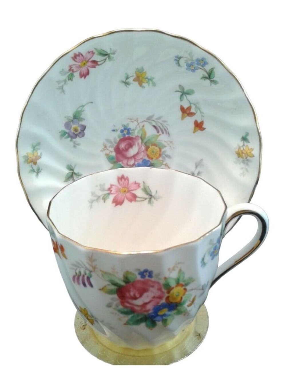 Tuscan Bone China Bouquet Teacup & Saucer Set Floral Design & Gold Gilt Vintage